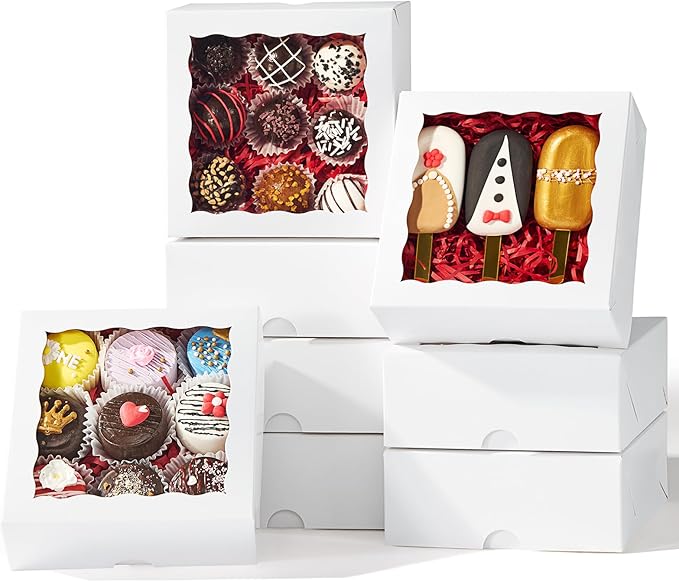 55pcs 6"x6"x2.5" Bakery Boxes with Window -Chocolate Covered Strawberries, Small Cake, Cookie, Macaron, Pie & Cakesickle Truffle Chocolate Boxes