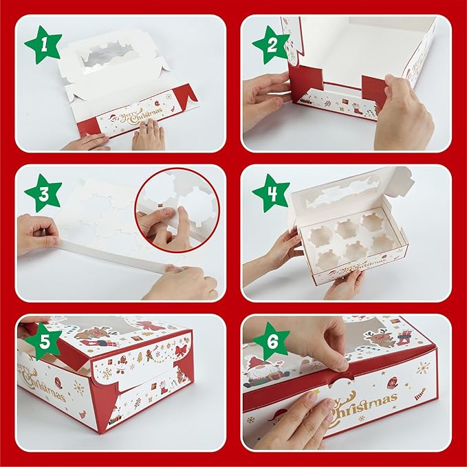 HONEYGIFTS 6PCS White Christmas Cupcake Boxes, Cookie Carrier with Insert and Window Holding 6 Cupcakes Bakery Boxes for Macarons Pies Muffins 9.5"x6.3"x3"