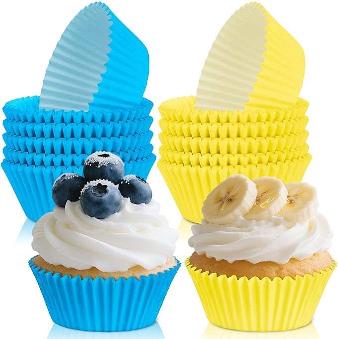 200PCS Blue and Yellow Cupcake Liners Muffin Baking Cups Wrappers for Yellow and Blue Birthday Party Supplies Disposable Pastel Cupcake Papers for Sports Theme Soccer Birthday Party Decorations