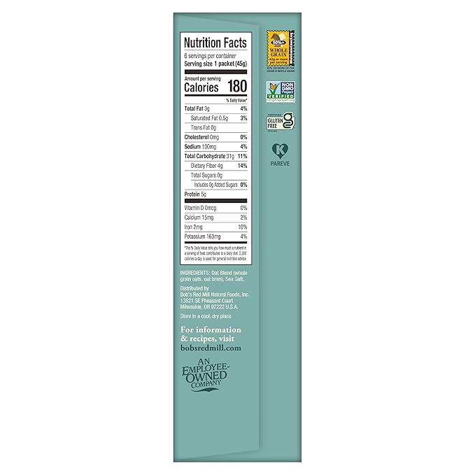 Bob's Red Mill Instant Oatmeal, Classic, 6 Packets Total, Non-GMO, Gluten Free, Whole Grain