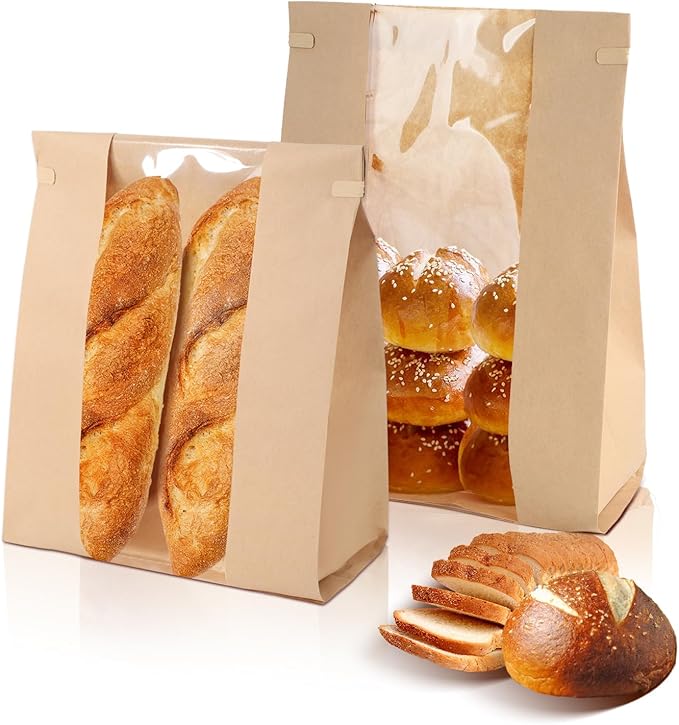 100 Pack Paper Bread Loaf Bakery Bags with Window 13.8x8.3x3.5 Inch Kraft Sourdough Bread Baking Bags for Baked Food Packaging Storage