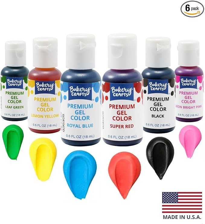 Bakery Crafts Premium Gel Food Color 6 Bottle Assortment, 4.2 Fl Oz, Edible Coloring For Use with Cake Mix, Buttercream, Whipped Icing, Fondant & Piping Gel, Highly Concentrated, Red, Pink, Yellow, Green, Blue, Black - 6 x 0.7FL