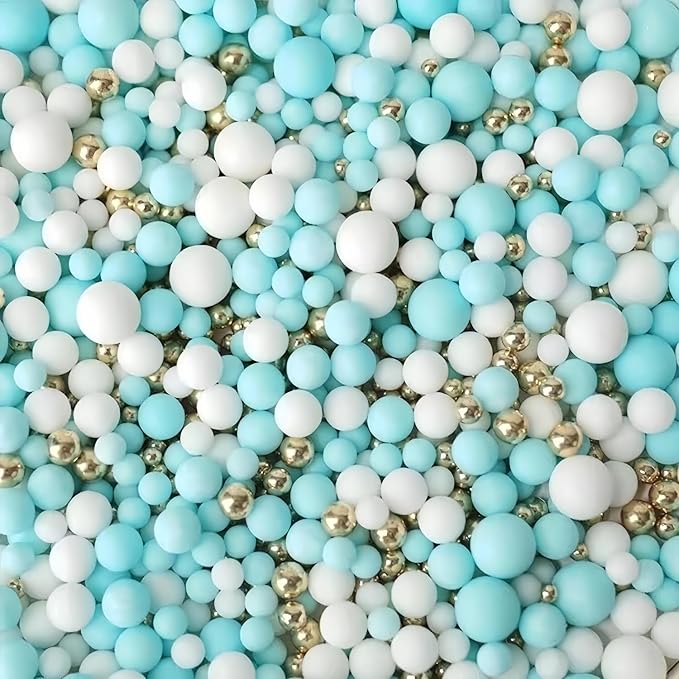 Edible Blue & White & Gold Sugar Pearls Sprinkles Candy Mix Size Pearls Cake Decorations Cupcake Toppers Decorating Perfect for Wedding Party Valentine Christmas Supplies 4.58OZ