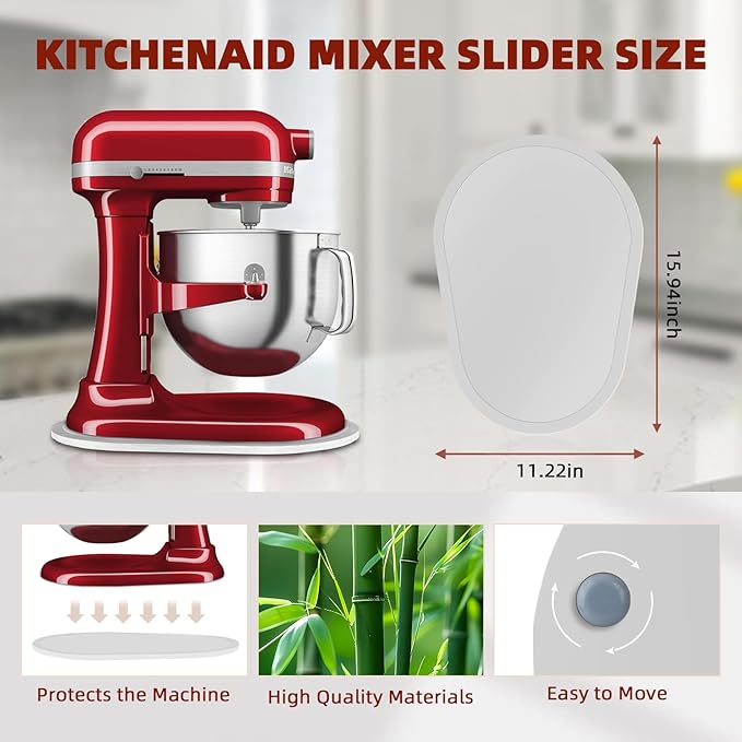 Mixer Slider Compatible with 5.5-8QT Kitchen Aid Stand Mixers, Kitchen Countertop Storage Mover Sliding Caddy Mixer Slider Mat for Kitchen Aid Stand Mixer Accessories Attachment (Bamboo - White)