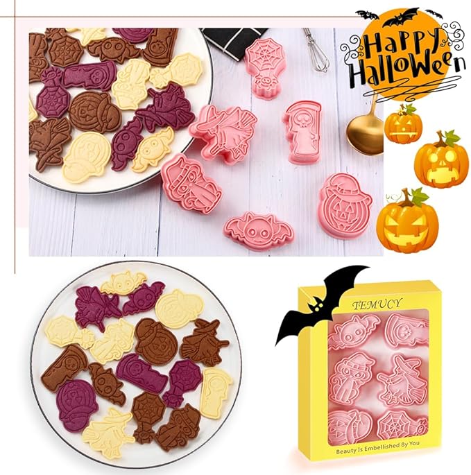 Novel Halloween Cookie Cutters and Stamper, Pumpkin, Ghost, Witch, Bat, Cat, Spider 3D Cookie Cutters Set for Halloween Baking (Pack of 12)