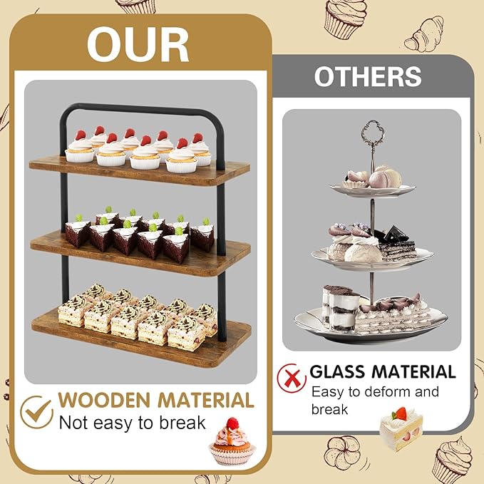 IBUYKE Wood Cupcake Stand,3 Tier Dessert Stand,Cupcake Stand for 50 Cupcakes,Cupcake Tower Dessert Display Stand for Party, Christmas, Wedding, Baby Shower, Serving Tray,Rustic Brown UTLJ013H