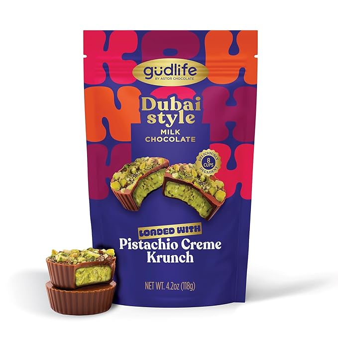 Gudlife Dubai Style Milk Chocolate Pistachio Crème Cups | Gourmet Belgium Milk Chocolate with Rich Pistachio Crème | 8 Mini Cups | 4.2oz Bag