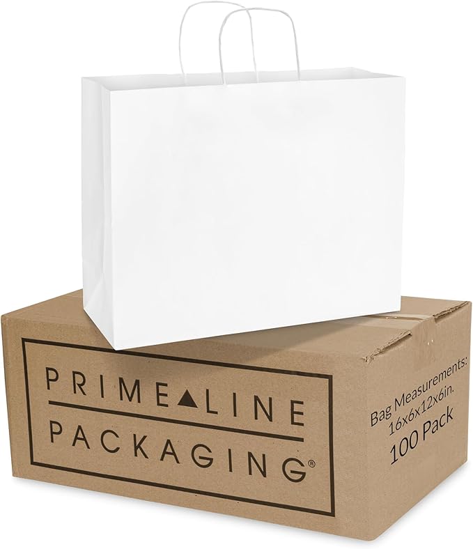 Prime Line Packaging White Gift Bags, Paper Shopping Bags with Handles for Small Business, Boutique, Merchandise, Retail, Party Favors, Bulk, 16x6x12, 100 Pack