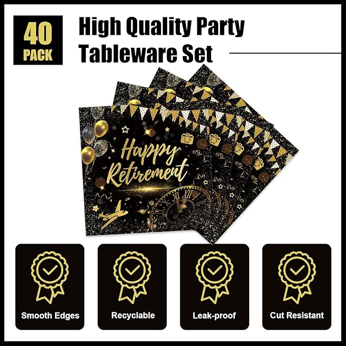 40pcs Retirement Party Decoration,include 20 dessert plate, 20 Napkin,Black Gold Disposable Tableware Used for Retirement Party Supplies
