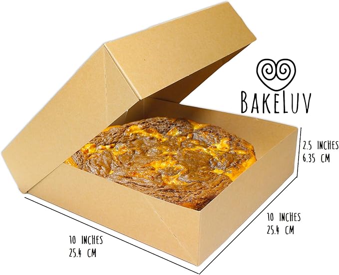 BAKELUV Pie Boxes 10x10x2.5 Inch | Brown / 25 pcs/Auto-Popup | Bakery/Pastry/Treats/Cookies/Cheesecake/Cake/Muffins/Donuts