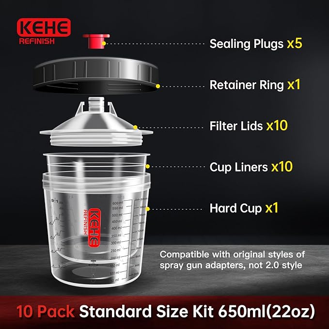 Disposable Paint Cups for Spray Gun,Mixing Cups 20 Ounce (600ml) Kit with 10 Liners and Lids with Strainer System for HVLP&LVLP,1 Hard Cup with Retainer Ring,5 Plugs,1 Cap,2 Adapters,1 Wash Bottle