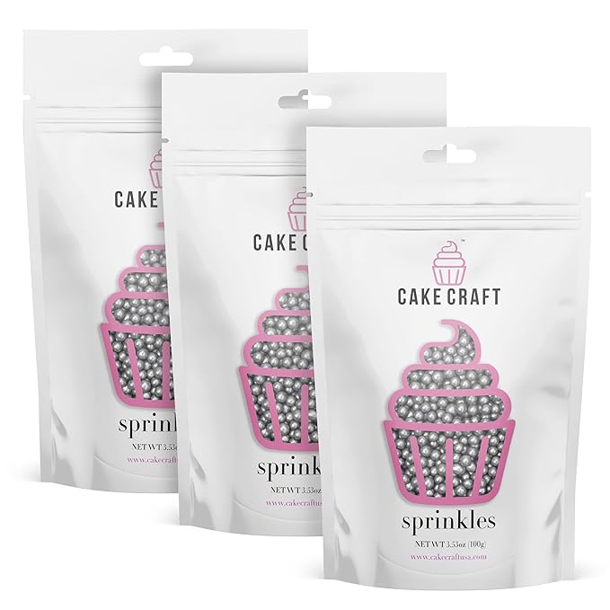 Cake Craft Silver Sugar Pearl Sprinkles – 3-Pack (100g Each) | Elegant Metallic Sprinkles for Cakes, Cupcakes, Cookies & More | Perfect for Weddings, Parties & Special Occasions