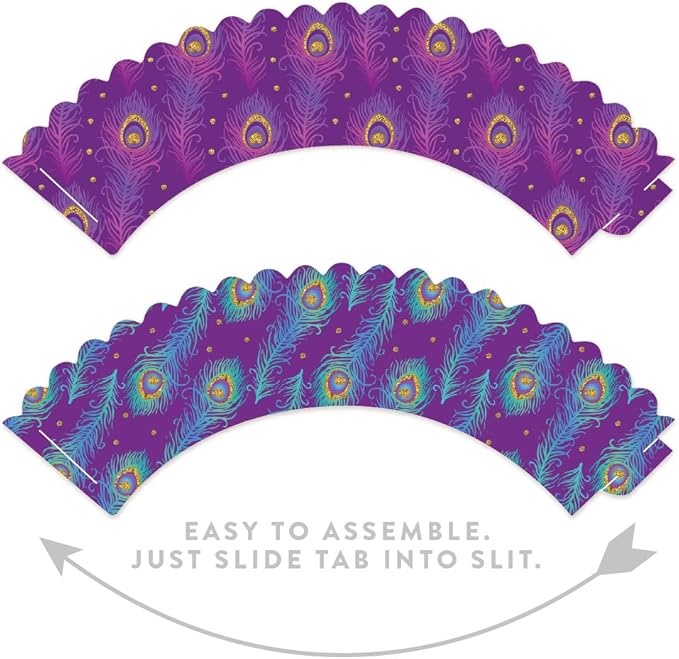 Andaz Press Party Cupcake Wrapper Decorations, Violet Purple and Blue Peacock Feathers, 24-Pack, Theme Colored Bulk Cake Supplies