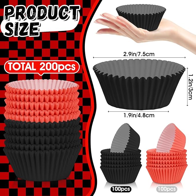 200PCS Red and Black Cupcake Liners Mini Muffin Baking Cups Wrappers for Gothic Birthday Party Supplies Disposable Cupcake Papers for Red Black Casino Theme Party Decorations