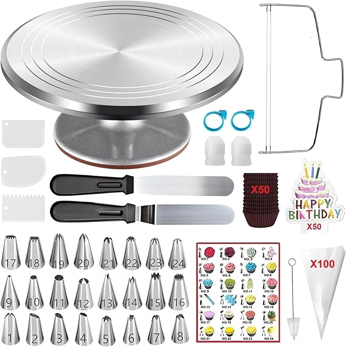 237 Pcs Cake Decorating Kit with Aluminium Alloy Rotating Cake Turntable,Cake Leveler,24 Numbered Icing Tips,2 Coupler,2 Spatulas,3 Comb Scrapers,100 Disposable Pastry Bags