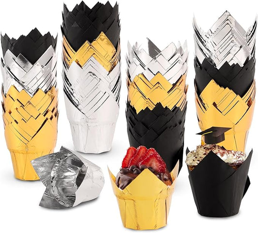 150 Pcs Graduation Tulip Cupcake Liners 2024 Congrats Grad Aluminum Foil Paper Baking Cups Greaseproof Muffin Liners Holders Graduation Cap Cup Cake Paper Cup Tulip Cupcake Wrappers for Party