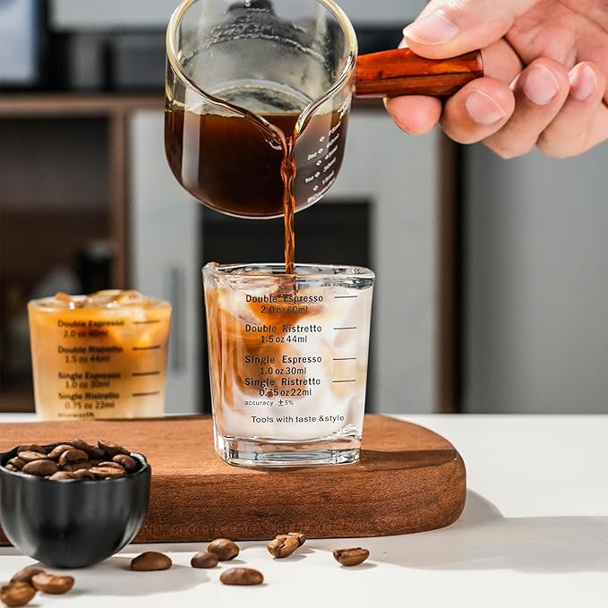 BCnmviku Espresso Shot Glasses Measuring Cup Liquid Heavy Glass for Baristas 2oz for Single Shot of Ristrettos (2 pack)