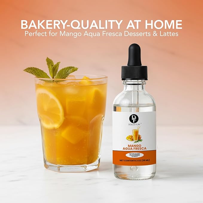 Dolce Flav Natural Mango Agua Fresca Extract, Water-Soluble – 2 oz | Tropical Ripe Mango Flavoring for Beverages, Desserts & Syrups – Sugar-Free, Kosher, Allergen-Free