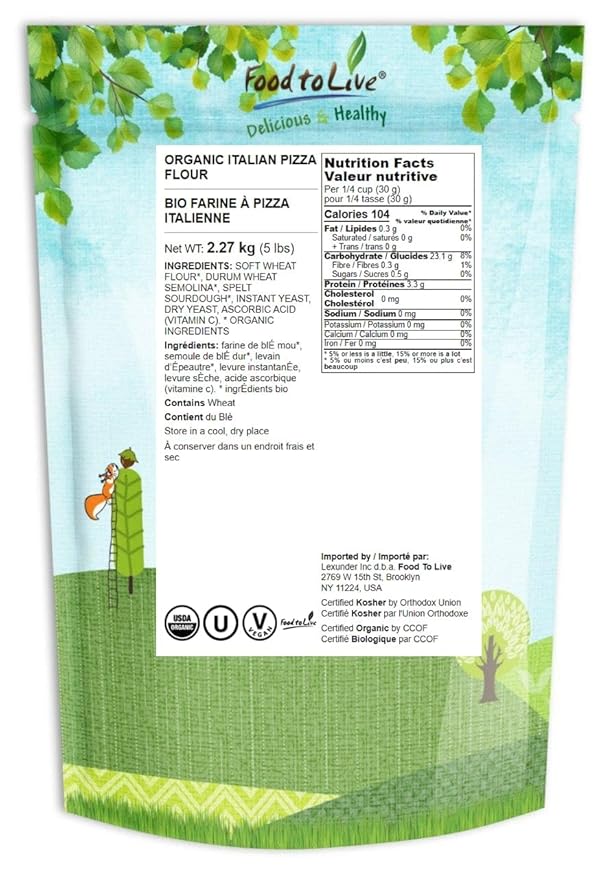 Food to Live Organic Italian Pizza Flour, 5 Pounds – Non-GMO Double Zero 00 Pizza Crust Mix, A Custom Blend of Soft Wheat Flour, Durum Wheat Semolina, and Spelt Sourdough. Unbleached, Extra Fine