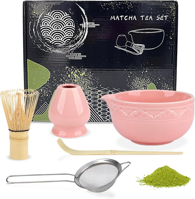 5Pcs Ceramic Matcha Set Pink, Matcha Whisk Set, Tea Set Includes Matcha Bowl 560ml/18.9oz, Matcha Whisk and Holder, Sifter, Bamboo Tascoop