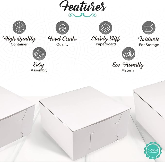 O’Crème Cake Boxes – White Bakery Boxes – 14 x 14 x 5 Inch Pastry Containers – Kraft Bakery Boxes for Holding and Displaying your Pastries - Pack of 25