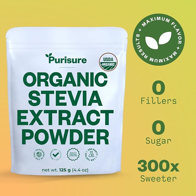 Organic Stevia Concentrated Powder, 125g, Organic Pure Stevia Powder, No Fillers, No Artificial Sweeteners, No Aftertaste, Zero Calorie Stevia Sweetener, Stevia Sugar Substitute, 4.4 oz, 846 Servings