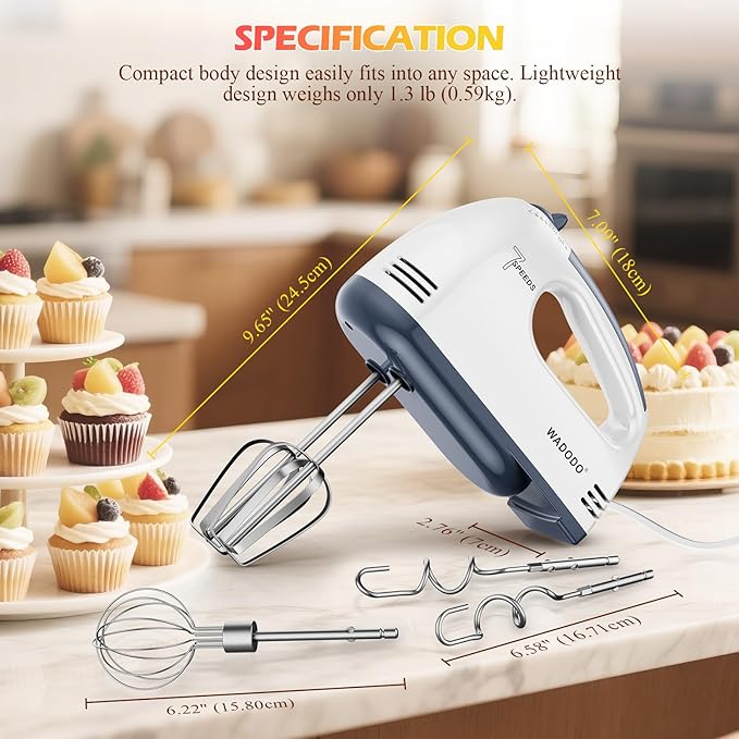 WADODO 200W Electric Hand Mixer, 7-Speeds Small Handheld Mixer with 304 Stainless Steel Beaters, Dough Hooks & Whisk Attachment, Portable Food Kitchen Mixer for Baking Cake Cookies Cream