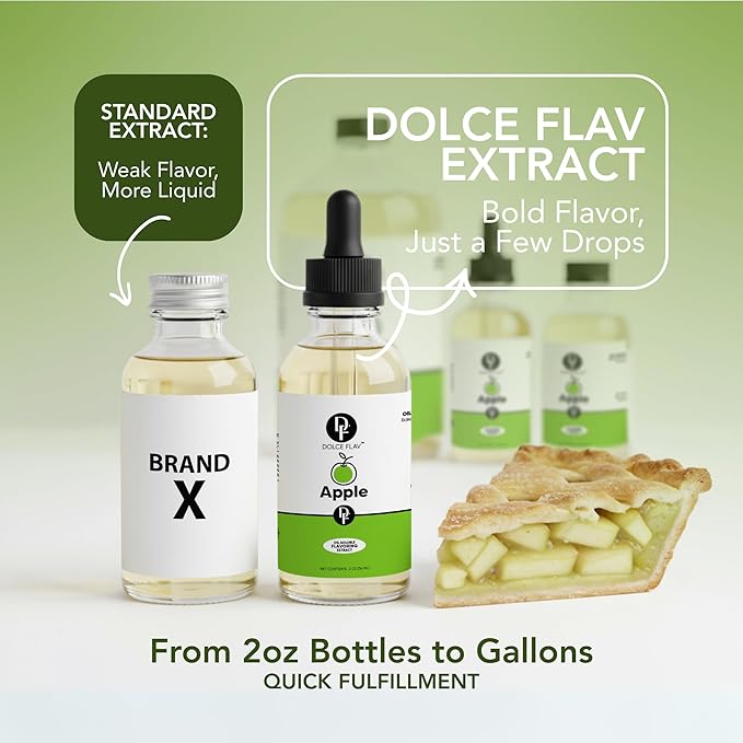 Dolce Flav Apple Extract – 2 Ounce Oil-Soluble Kosher, Sugar-Free, Concentrated Crisp Apple Flavoring for Baking, Chocolates & Desserts, Includes Measured Dropper