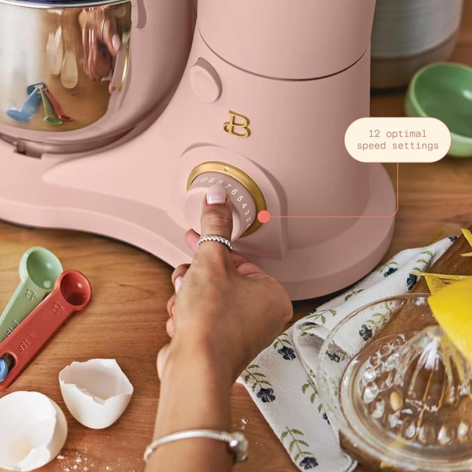 Beautiful 3.5 Qt Tilt-Head Stand Mixer | 12-Speed 300 W Motor | Stainless Bowl Beater, Dough Hook & Whisk by Drew Barrymore (Rose)