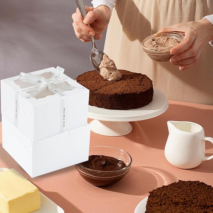 JCD 48pcs Cake Boxes 8x8x5in with Window,White 8 inch Cake Boxes with Boards for Pastries,Cupcakes,Cookies, Pie, Muffins and Donuts(24 Boxes &24 Boards & Stickers & ribbon) (8 * 8 * 5inch/24sets)