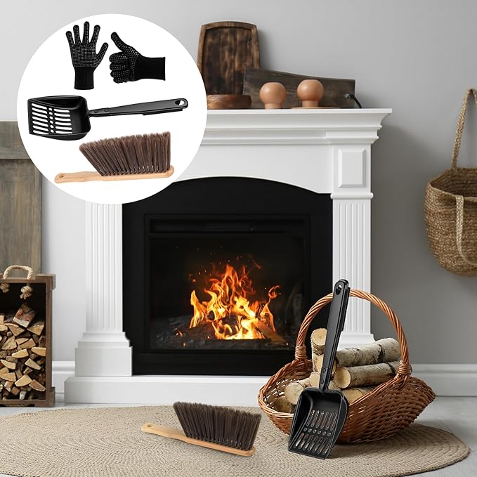 3 Pcs Fireplace Ash Sifter Oven Shovel Hollow Out Ember Recovery Tool Shovel Heat Resistant Silicone Glove Brush Scoop Charcoal (Innovative Model,Iron)