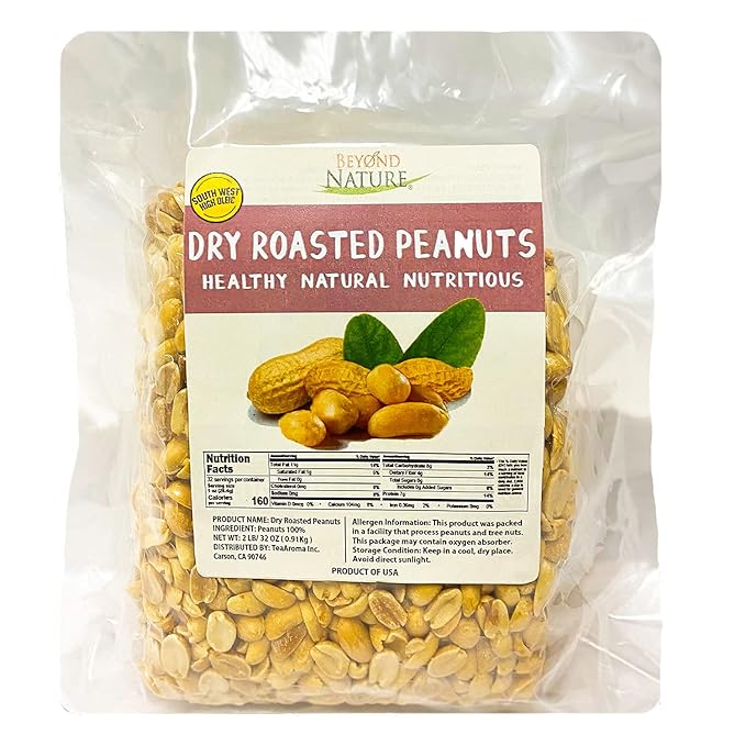 Beyond Nature Dry Roasted Peanuts – Unsalted 2 Pound (32 oz) Vacuum Sealed Non GMO, No Oil & No Salt, Low Carb, Keto Friendly & Vegan Snack