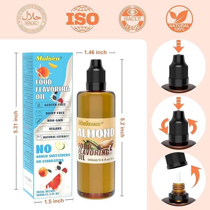 Almond Food Flavoring Oil - 3.5 Fl Oz Bottles Almond Flavor Concentrate for Food & Cosmetics - Almond Flavoring Oil for Baking, Cakes, Pastries, Beverages, Cooking, Candy, Ice Cream, Candy