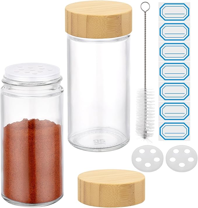 Segarty 3oz Spice Jar with Bamboo Shaker Lids, 2 Pack Round Spices Jars for Herbs Grains Storage, 90ml Empty Glass Small Seasoning Containers Set, Clear Salt Pepper Shakers with 7 Stickers and 1 Brush