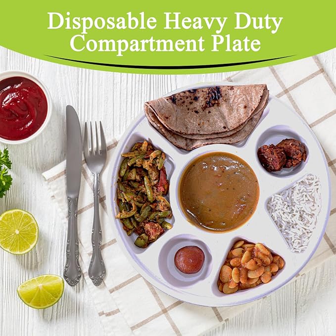 three leaf 7 COMPARTMENT BAGASSE ROUND PLATE, 50 Ct. Heavy-Duty- Super Strong- Natural- Eco-Friendly Disposable Bagasse Plates, 100% Biodegradable 7 compartment plates