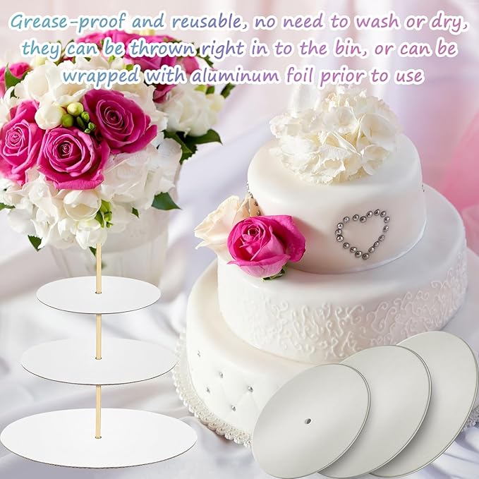 Patelai 89 Pcs Cake Tiered Stacking Kit 8,6,4 Inch Silver Round Cake Boards with Parchment Paper Round and Plastic Dowel Rods for Stacking Support Decorating Supplies
