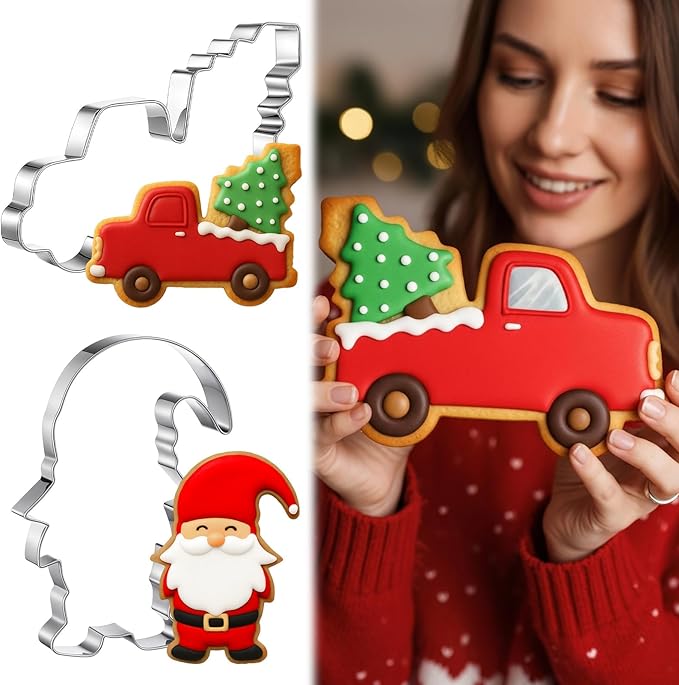 2 Pcs Large Christmas Cookie Cutters 8" Extra Large Truck and Gnome Stainless Steel Giant Cookie Cutter for Holiday Baking