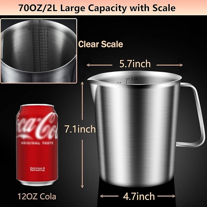 Stainless Steel Pitcher with Lid, 70 oz Large Metal Measuring Cup with Handle, 8 Cup Milk Frothing Jug 2 Liter Water Pitcher for Coffee Latte Art Cappuccino Espresso Machine Accessories