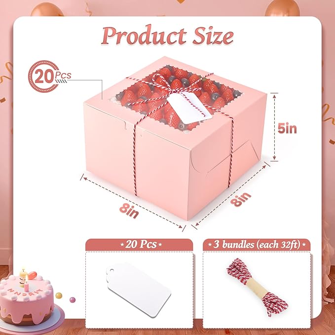 20Pcs 8 Inch Cake Boxes with Window, 8x8x5 Inches Pink Bakery Boxes, Cake Carrier Container for Pastries, Pie, Cookies, Chocolates, Cupcakes, Birthday Party, Wedding
