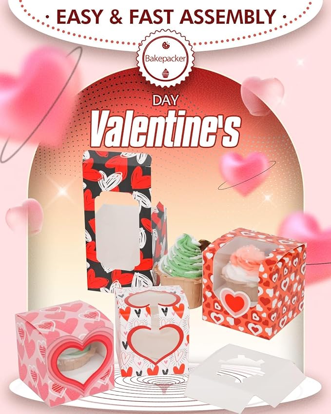 Bakepacker Vanlentine Auto-pop up Cupcake Boxes 30-Packs Vanlentine's Day Individual Cupcake Container 3.5" x 3.5" x 3.5" Single Cupcake Boxes