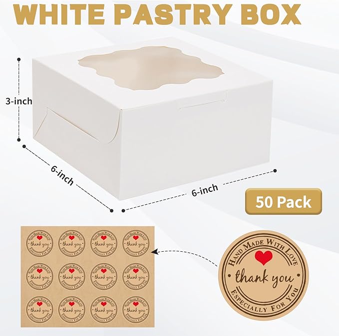 50pcs Cookie Boxes with Window, 6x6x3 Inches White Bakery Boxes, 60 Pcs Stickers,for Small Cookies, Treats, Candy, Desserts, Chocolate Covered Strawberries,Mini Cake Boxes