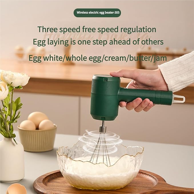 Wireless Handheld Mixer with 3-Speed Settings | Portable Electric Egg Beater for Kitchen, Baking & Outdoor Use, Emerald Green