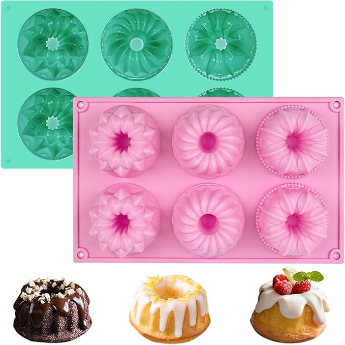 HUAKENER 2 Pcs Mini Fluted Cake Pan, 6-Cavity Fluted Tube Cake Pan, Non-stick Silicone Baking Mold for Cupcakes, Donuts, Cornbread, Brownies, Jellies