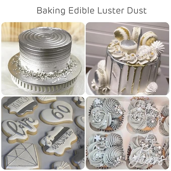 Silver Edible Luster Dust 10 Grams, Food Grade Cake Luster Dust Tasteless Dessert Dusting Powders for Baking Cherrysea Food Coloring Powder for Cupcakes, Cake Pops,Fondant,Chocolate, Candy