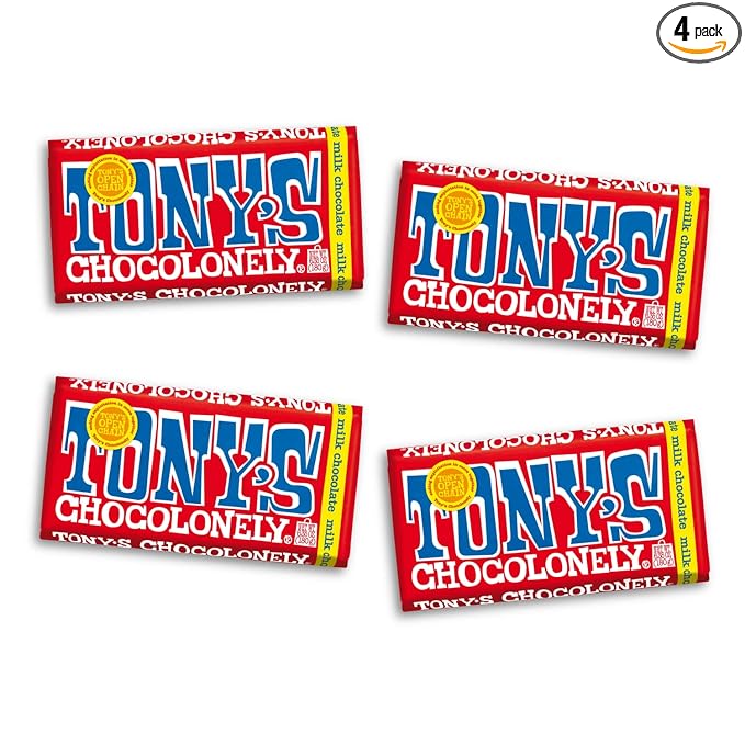 Tony’s Chocolonely Belgian Milk Chocolate Candy Bar, Pure Chocolate Bars for Snacks, Party Favors, Gifts, or Gift Basket, 32% Cacao, Made From Quality Fairtrade Cocoa, 4 Bars, 6.35 Oz Each