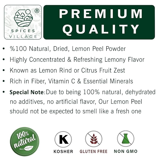 SPICES VILLAGE Lemon Zest Powder, Natural Lemon Peel Powder for Baking, 4 oz, Cooking and Herb Tea - Certified Kosher, Gluten Free, Non GMO, Vegan, Resealable Bag
