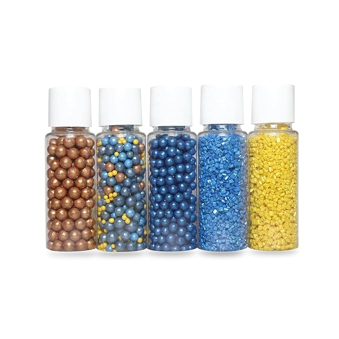 Confect Sprinkles for Cakes & Cupcakes Decoration Assorted pack of 5 Yatch Party Disco Ball Mashup Sprinkles Mix Yellow, Bronze & Blue Dragees Yellow & Blue Sparkling Sugar | Vegan, Gluten Free- 5 oz