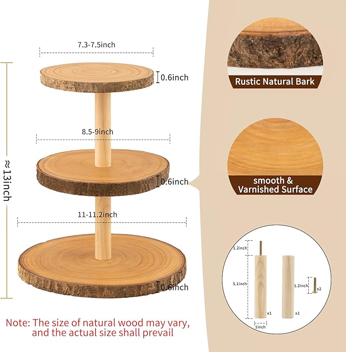 Gusnilo Rustic 3-Tier Wooden Cupcake Stand & Cake Tower – Natural Paulownia Wood Tiered Display for Weddings, Parties, Baby Showers, Holidays (Farmhouse Décor, Handcrafted Bark Design)