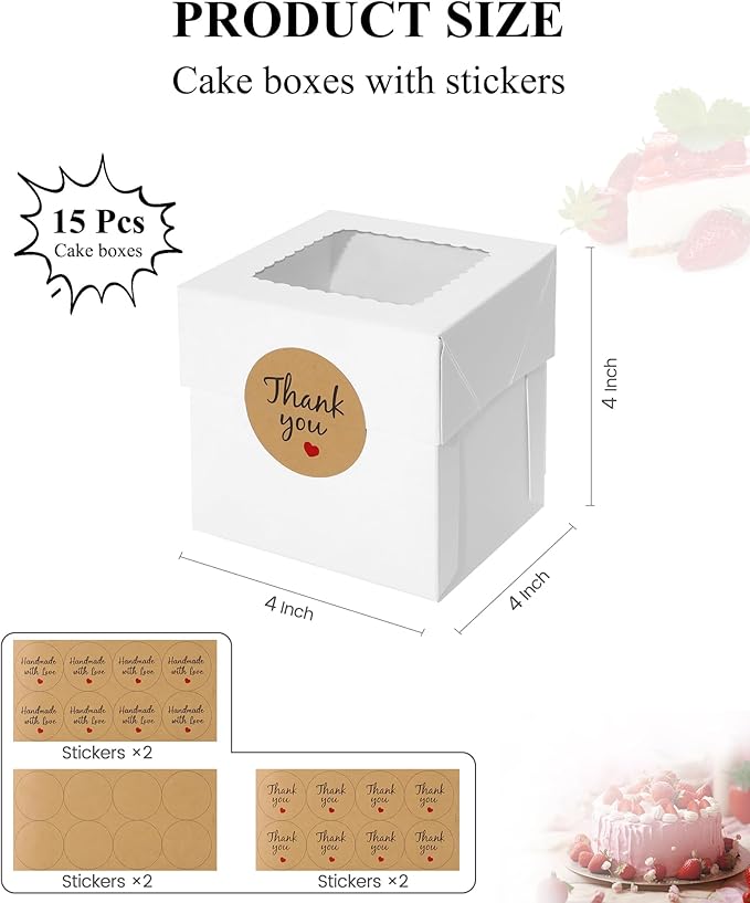COTOPHER 15Pcs Mini Cake Boxes, 4x4x4 Inches Bakery Boxes with Window, Small Dessert Box Cake Packaging for Pastries, Cookies, Chocolates, Cupcakes, Birthday Party, Wedding