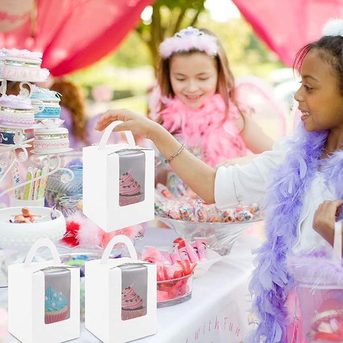 Cupcake Boxes, 30 Pack Individual Single With Clear Window Inserts Handle - Muffins Carriers Pastry Containers (White)